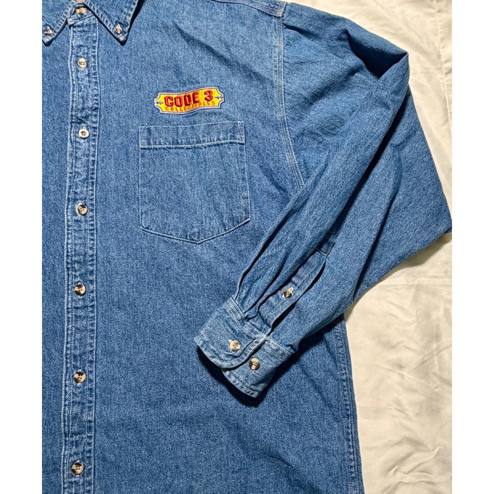 Port Authority Mens Denim Shirt Blue Code 3 Collectibles Fire Truck Graphic L - Picture 4 of 11